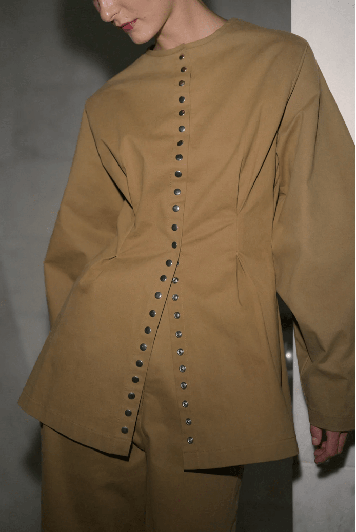 Pinch Waist Snap Jacket in Khaki by Chan Luu