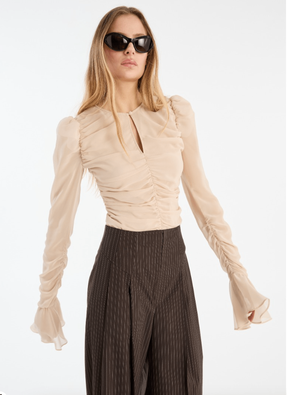 Ruched Chiffon LS Top | Nude Creme - MATTHÉ - Top