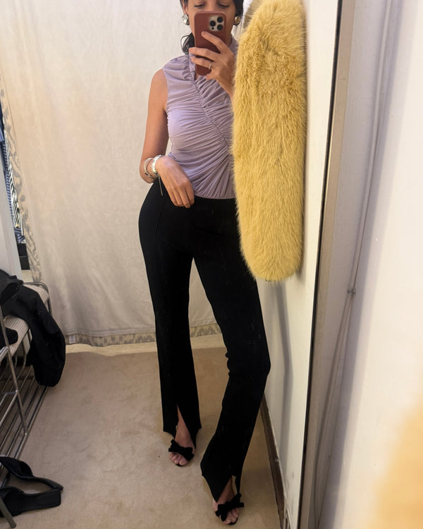 lavender bodysuit + a little yellow fur. sweet, then sharp.