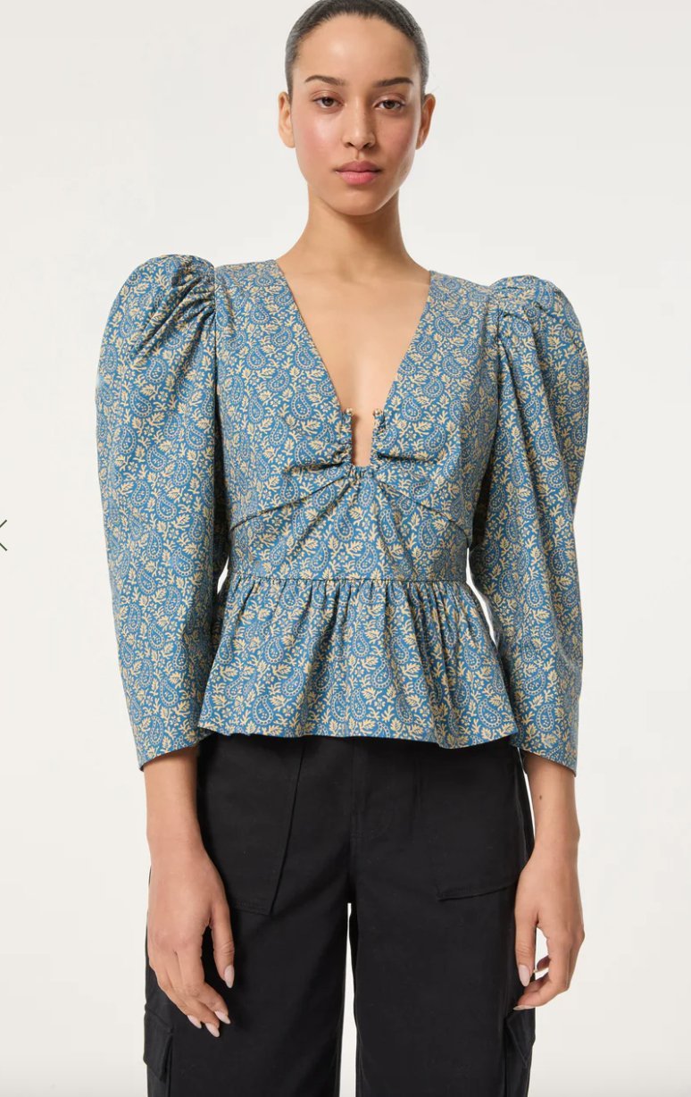 Alma Sleeveless V - Neck Ruffle Blouse in Paisley Garden - Soft Knit Peplum Top - MATTHÉ - Top