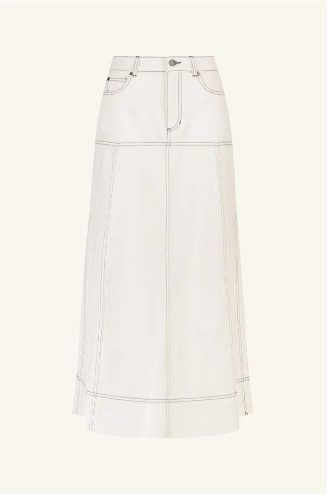 Front view of the Hana Panelled Midi Skirt in Ivory with high-waist and panelled design