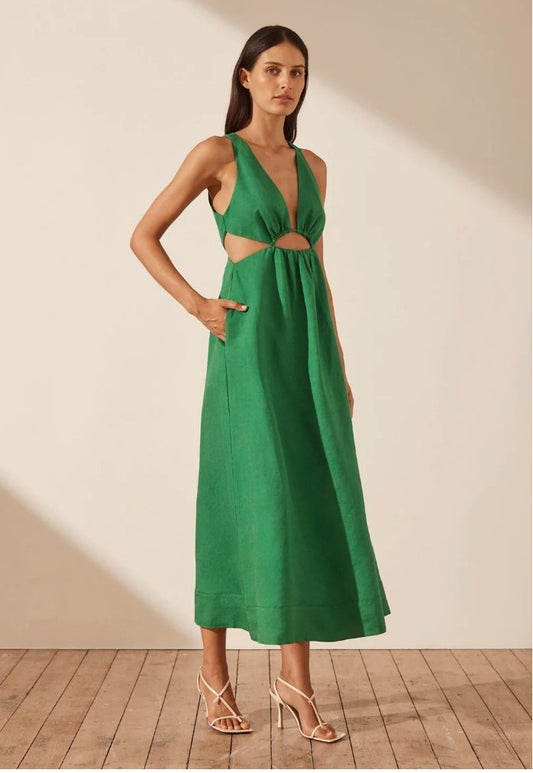 Mare Linen V Neck Cutout Midi Dress – Chic and Comfortable - MATTHÉ - Dress