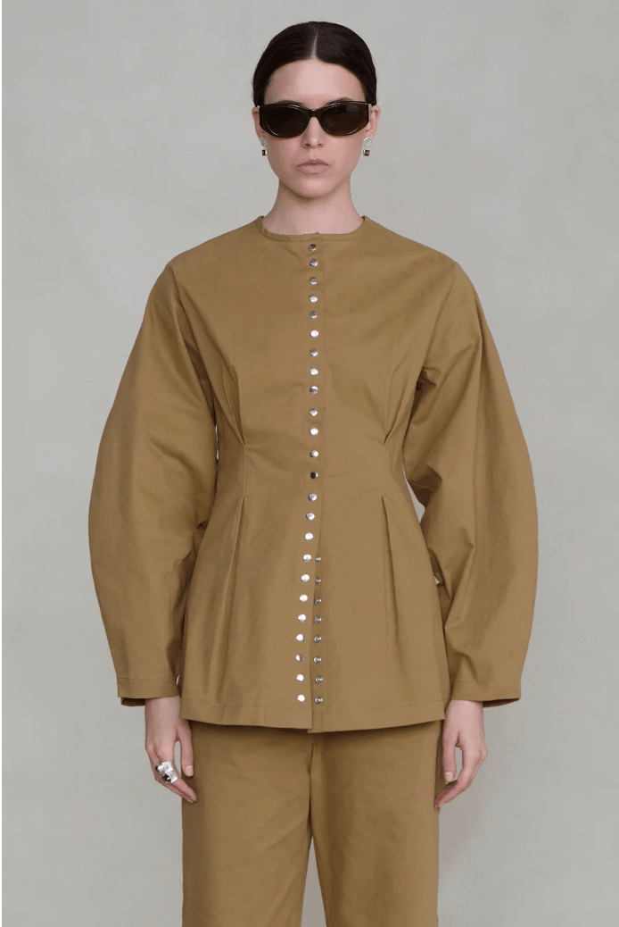 Pinch Waist Snap Jacket in Khaki by Chan Luu