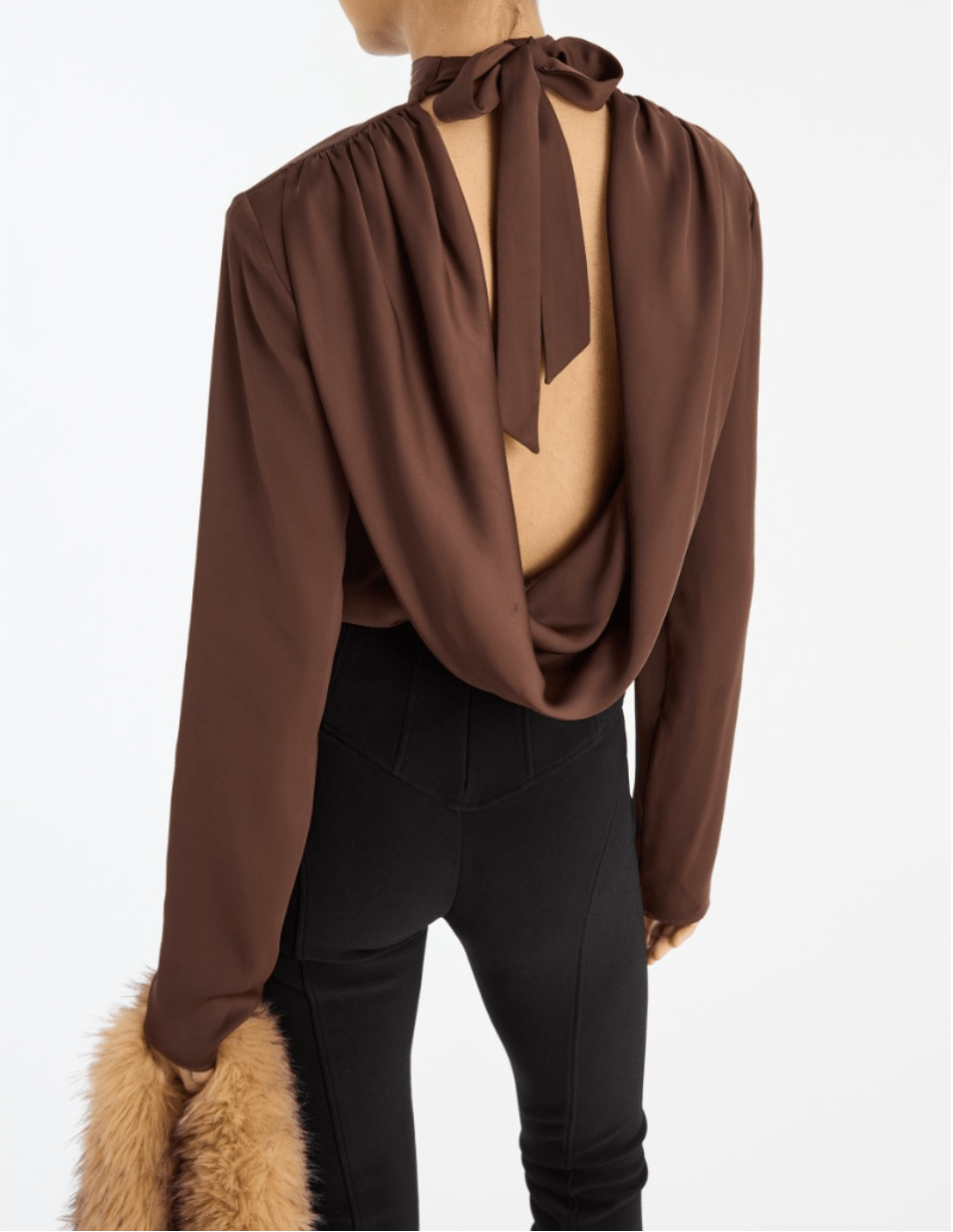Satin Draped Back Blouse | Brown - MATTHÉ - Top